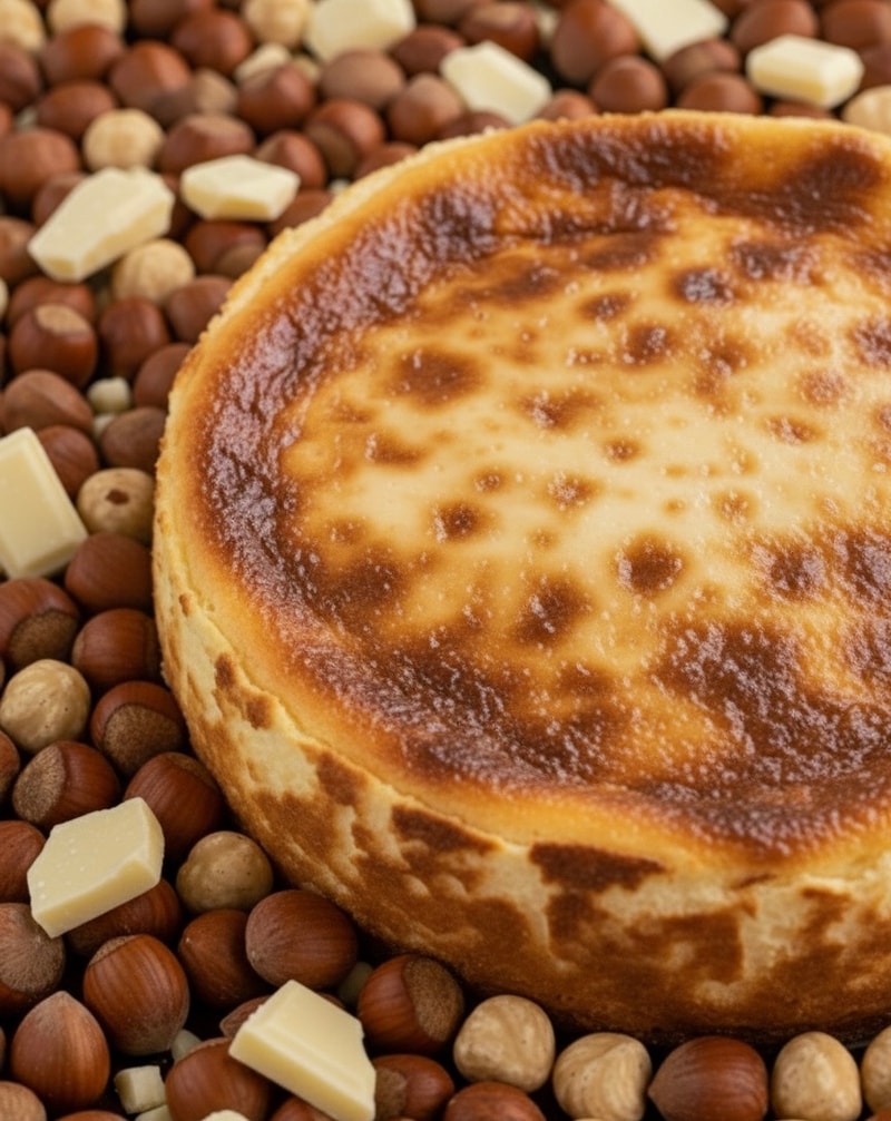 Tarta de queso de chocolate blanco y avellana tostada
